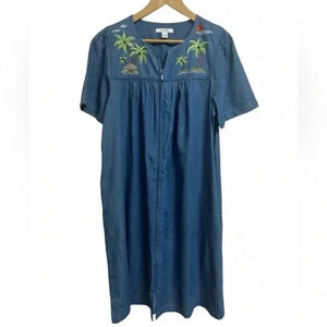 Go Softly Patio Embroidered Tropical Life Zip-Front Chambray Denim Patio Dress M